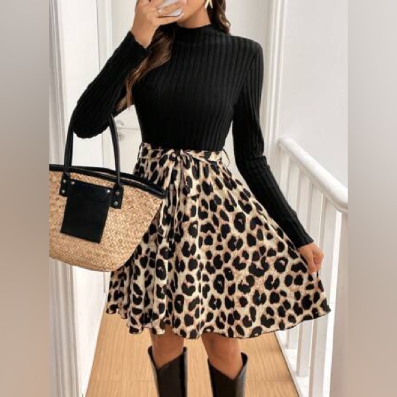 🖤 Leopard Print Dress with Black Ribbed Top & Tie Waist - Picture 2 of 7